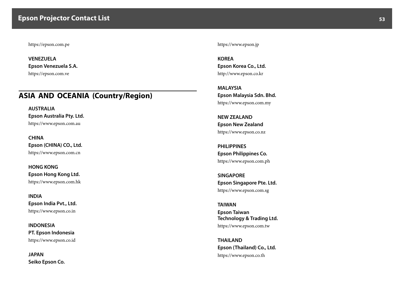 Asia and oceania (country‍/‍region), Asia and oceania (country/region), Epson projector contact list | Epson DC-30 Wireless Document Camera User Manual | Page 53 / 64