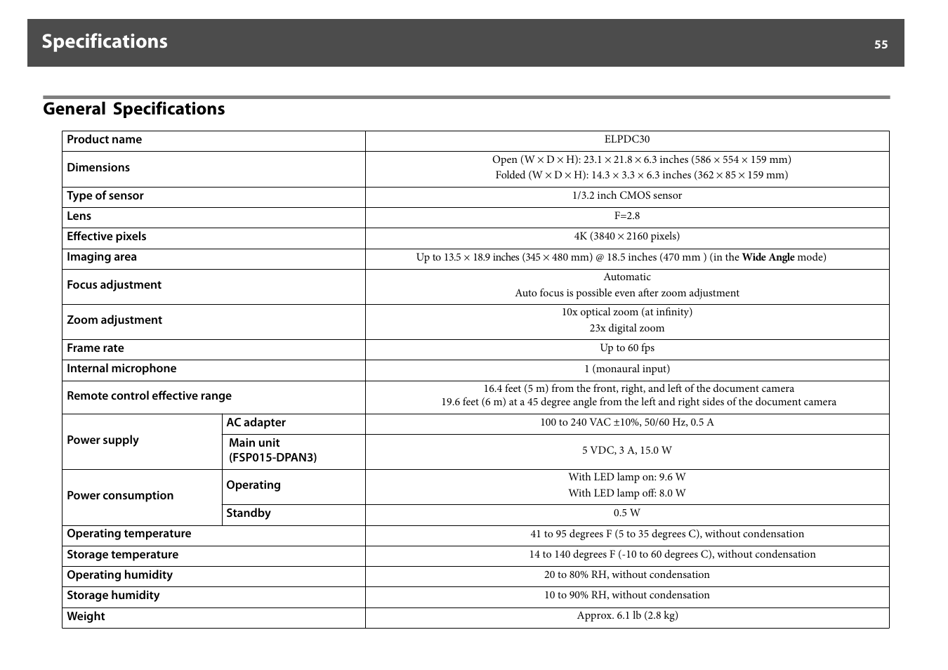 Specifications, General specifications, Specif ications | P.55 | Epson DC-30 Wireless Document Camera User Manual | Page 55 / 64