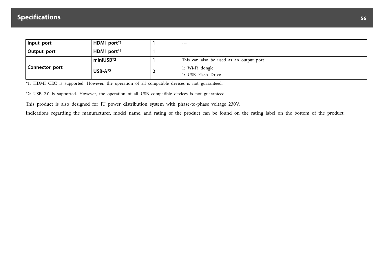 Specifications | Epson DC-30 Wireless Document Camera User Manual | Page 56 / 64