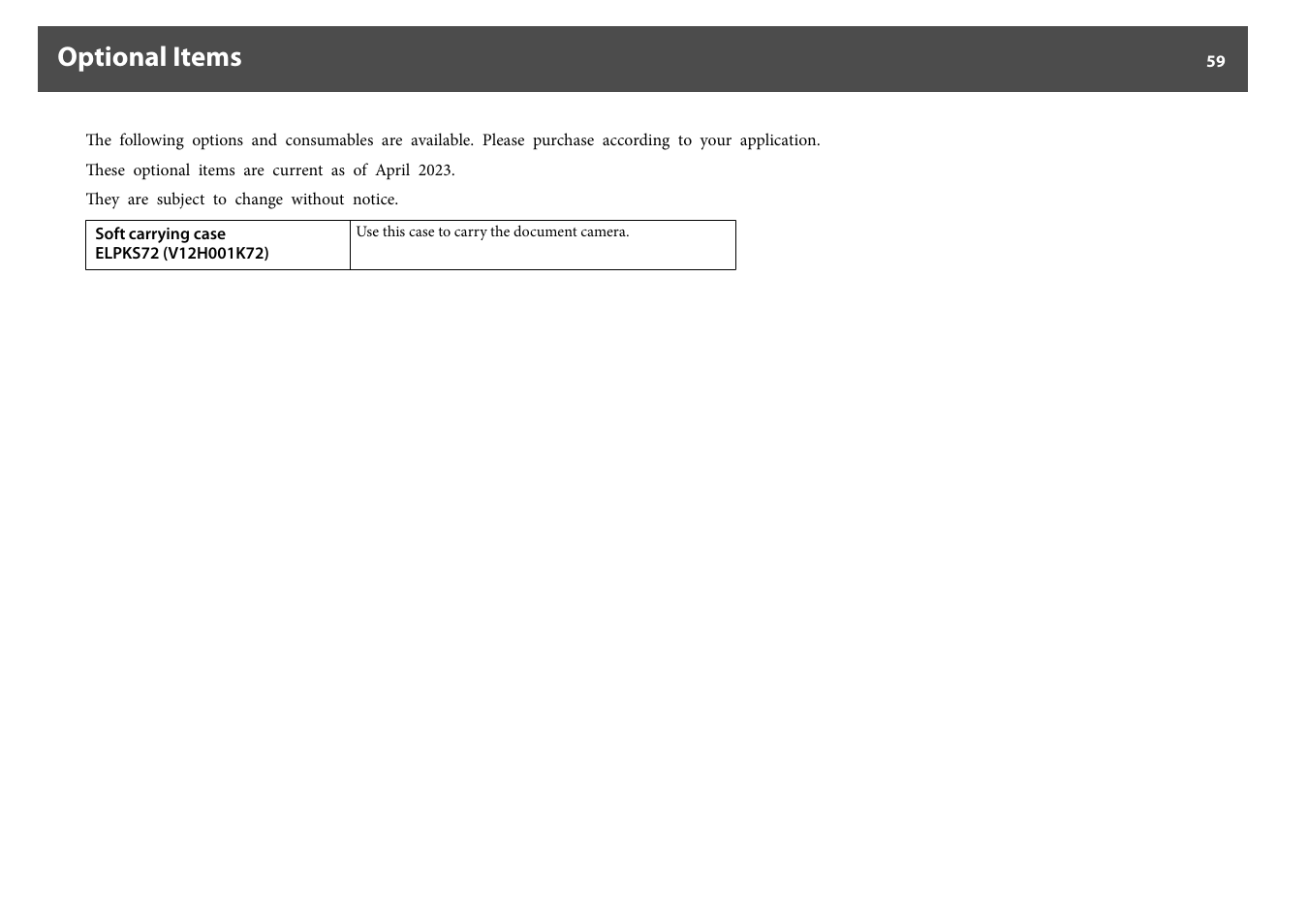 Optional items | Epson DC-30 Wireless Document Camera User Manual | Page 59 / 64