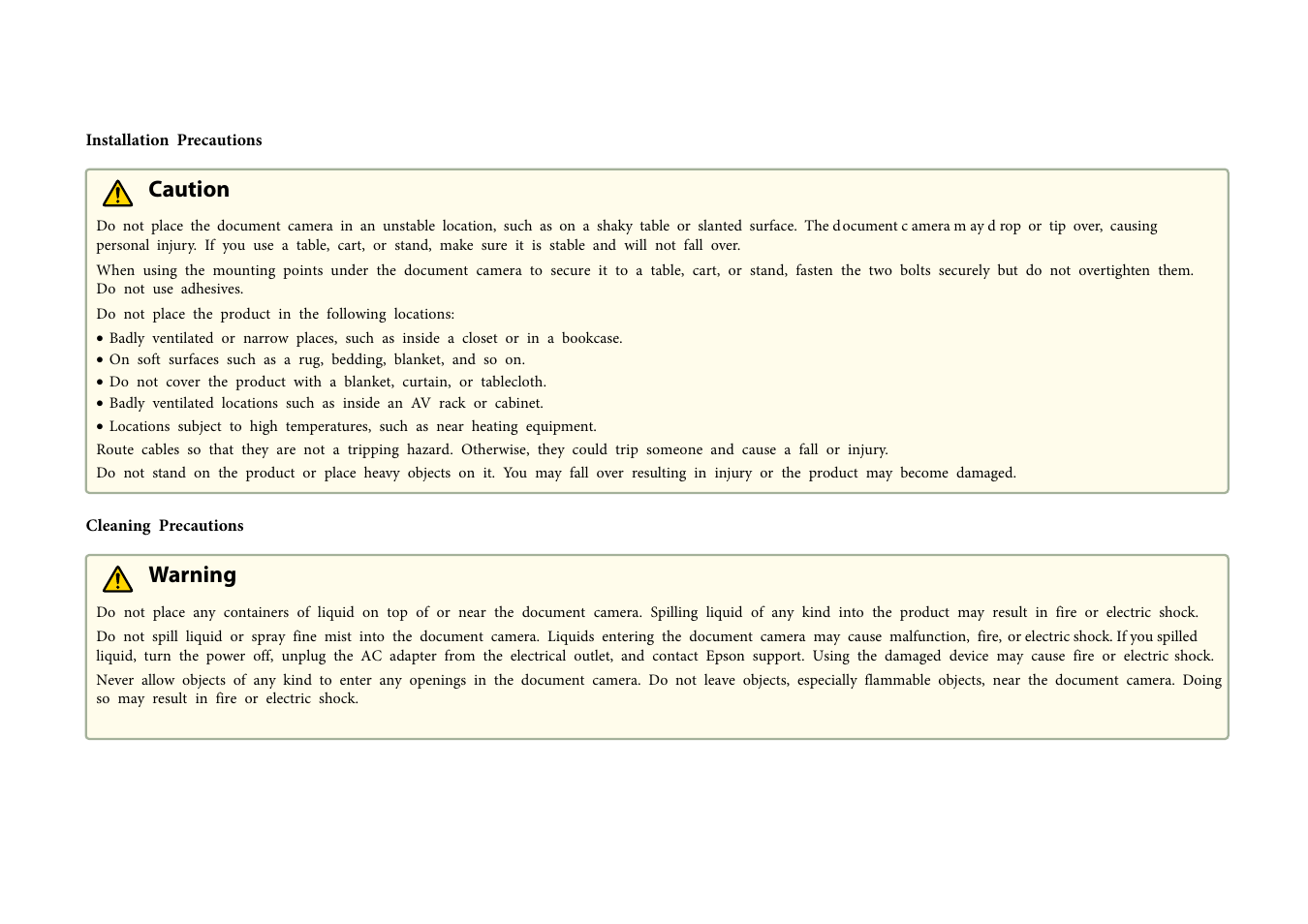 Caution, Warning | Epson DC-30 Wireless Document Camera User Manual | Page 6 / 64