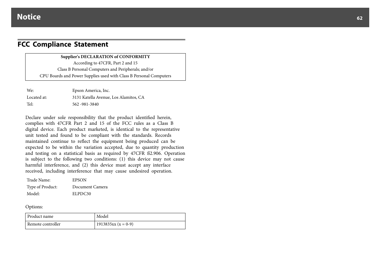 Notice, Fcc compliance statement | Epson DC-30 Wireless Document Camera User Manual | Page 62 / 64