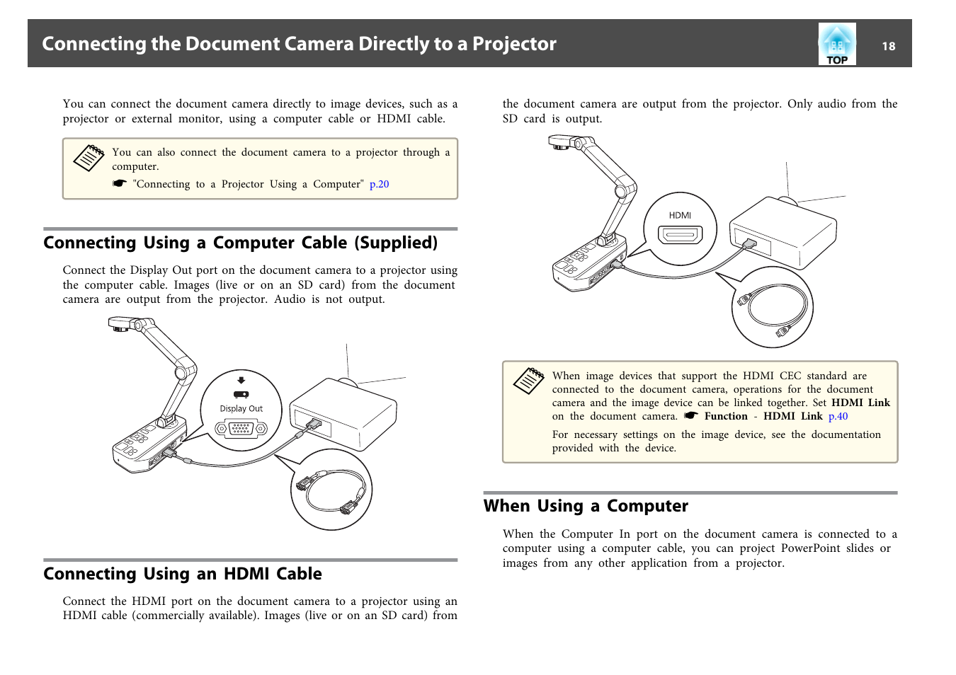 Connecting using a computer cable (supplied), Connecting using an hdmi cable, When using a computer | Epson DC-13 Document Camera User Manual | Page 18 / 62