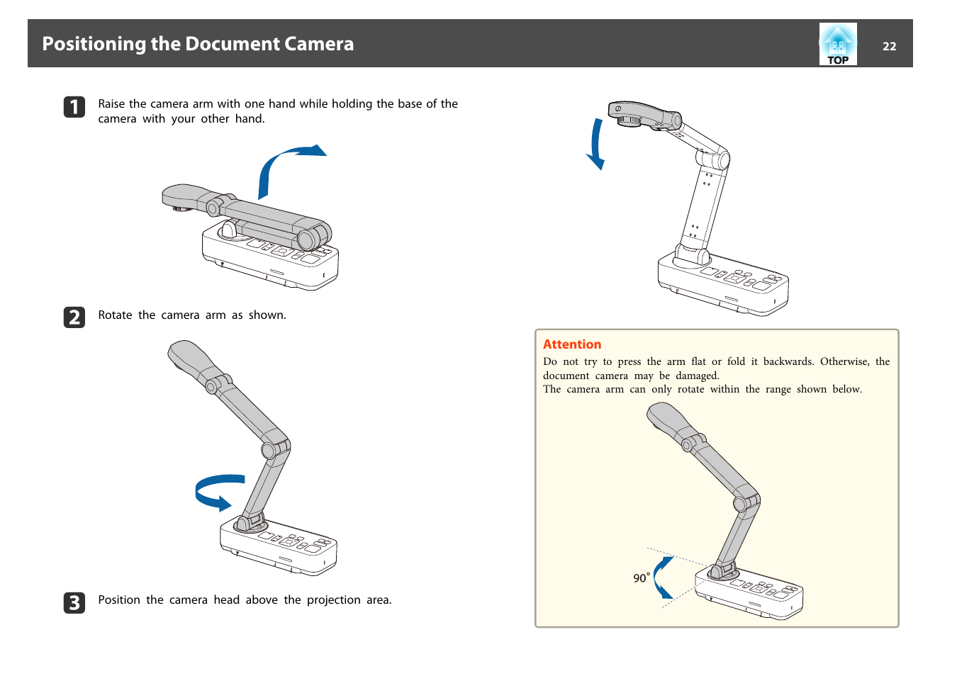 Positioning the document camera | Epson DC-13 Document Camera User Manual | Page 22 / 62