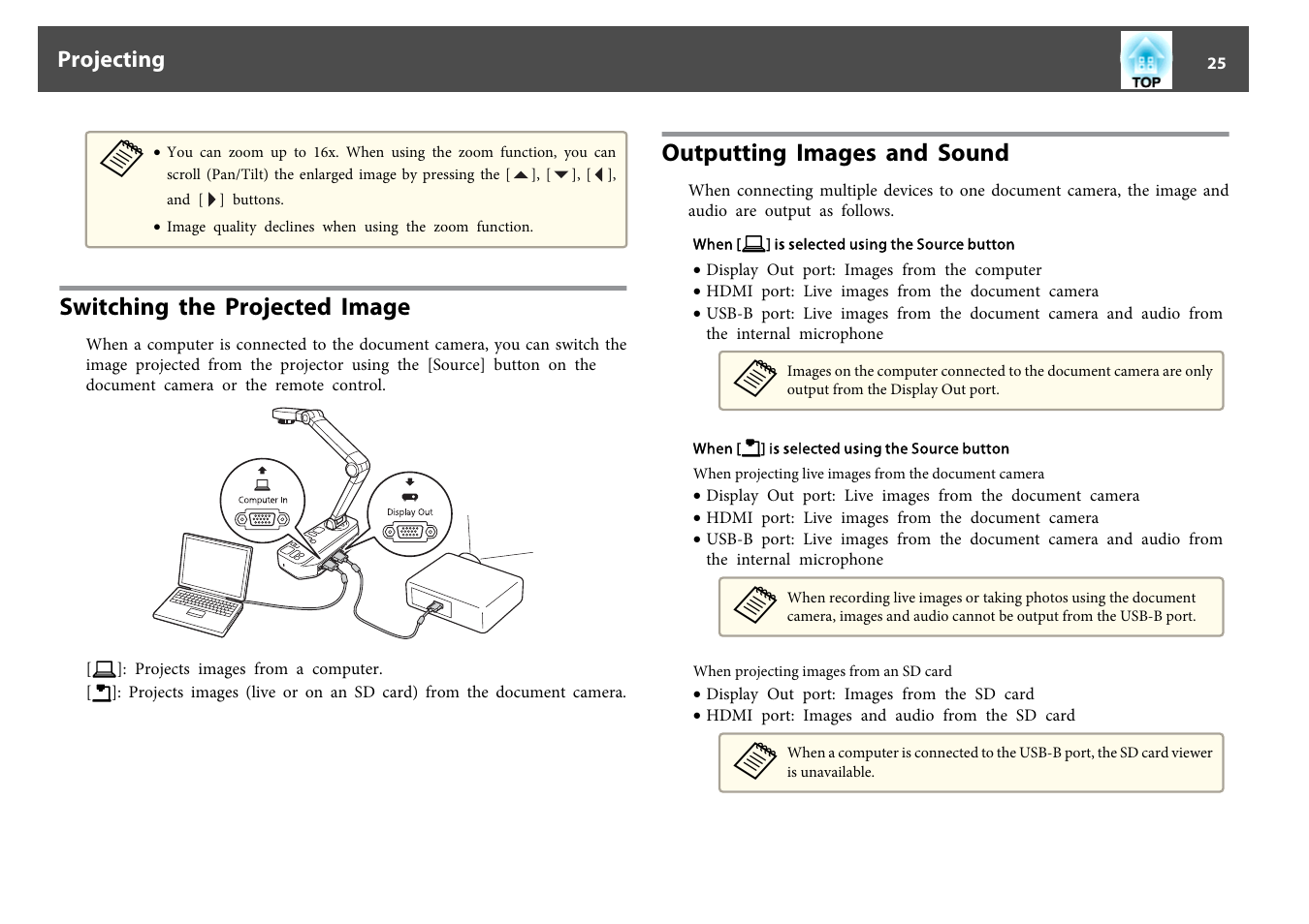 Switching the projected image, Outputting images and sound, Projecting | Epson DC-13 Document Camera User Manual | Page 25 / 62