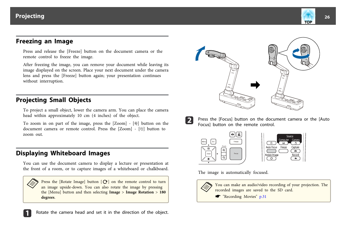 Freezing an image, Projecting small objects, Displaying whiteboard images | Projecting | Epson DC-13 Document Camera User Manual | Page 26 / 62