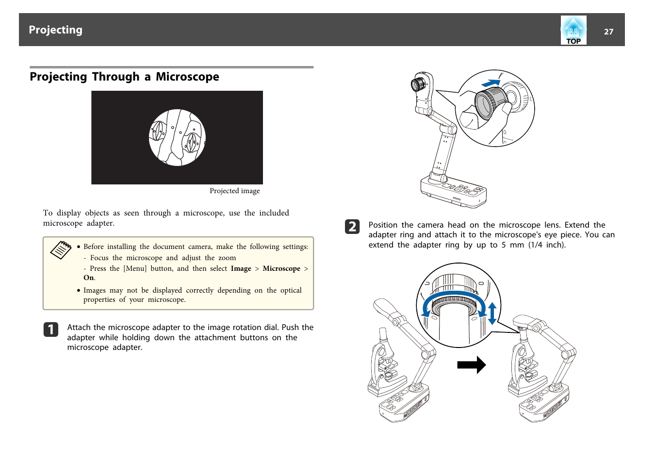 Projecting through a microscope | Epson DC-13 Document Camera User Manual | Page 27 / 62