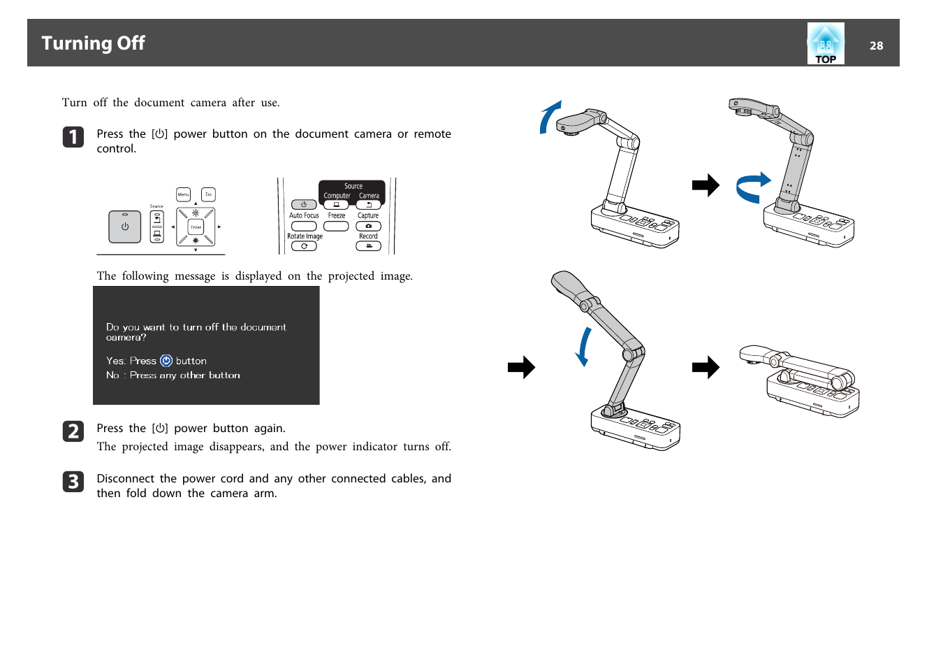 Turning off | Epson DC-13 Document Camera User Manual | Page 28 / 62