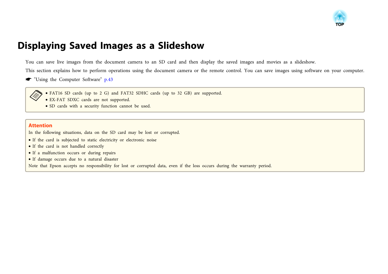 Displaying saved images as a slideshow, P.29 | Epson DC-13 Document Camera User Manual | Page 29 / 62