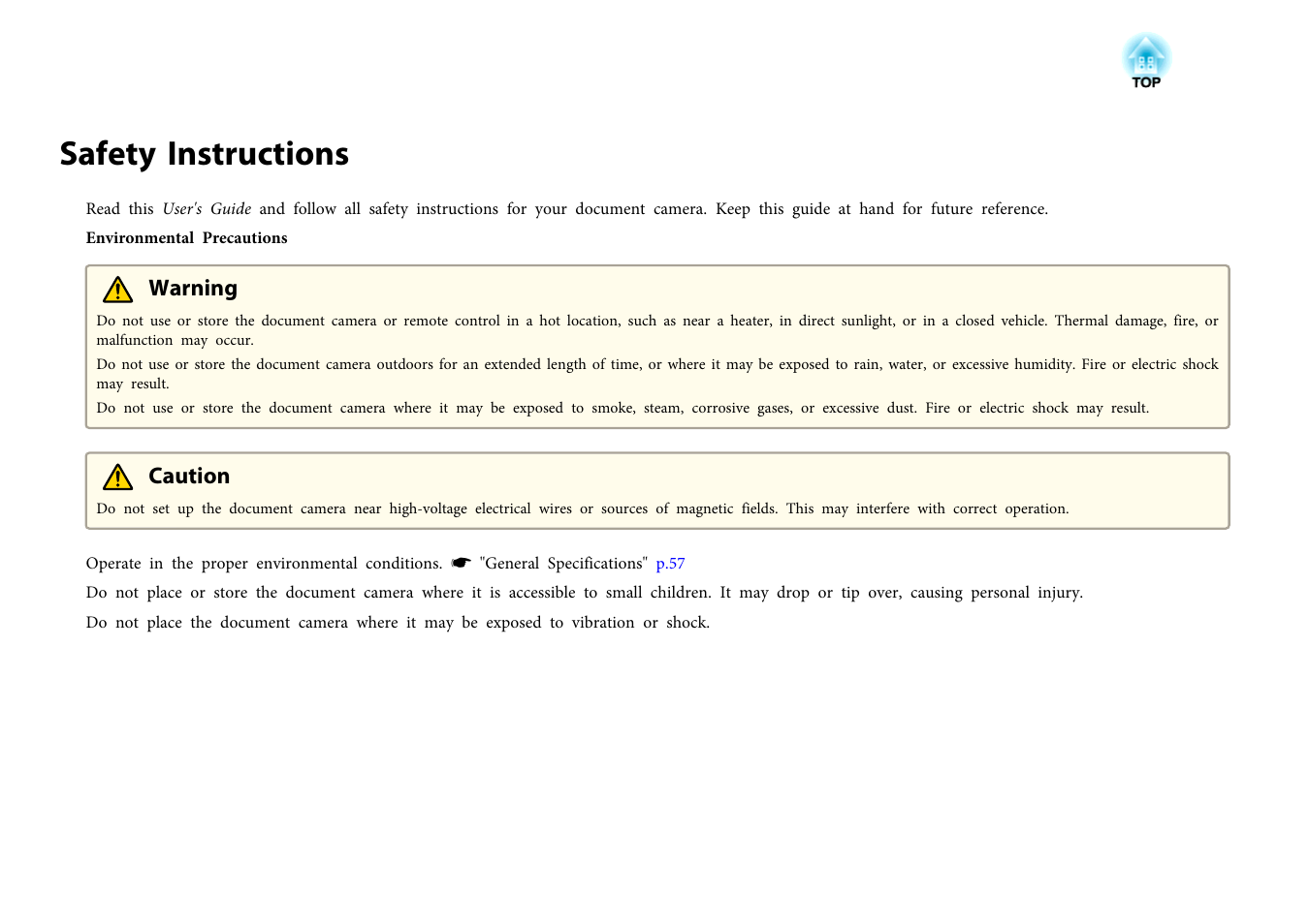 Safety instructions, Warning, Caution | Epson DC-13 Document Camera User Manual | Page 3 / 62