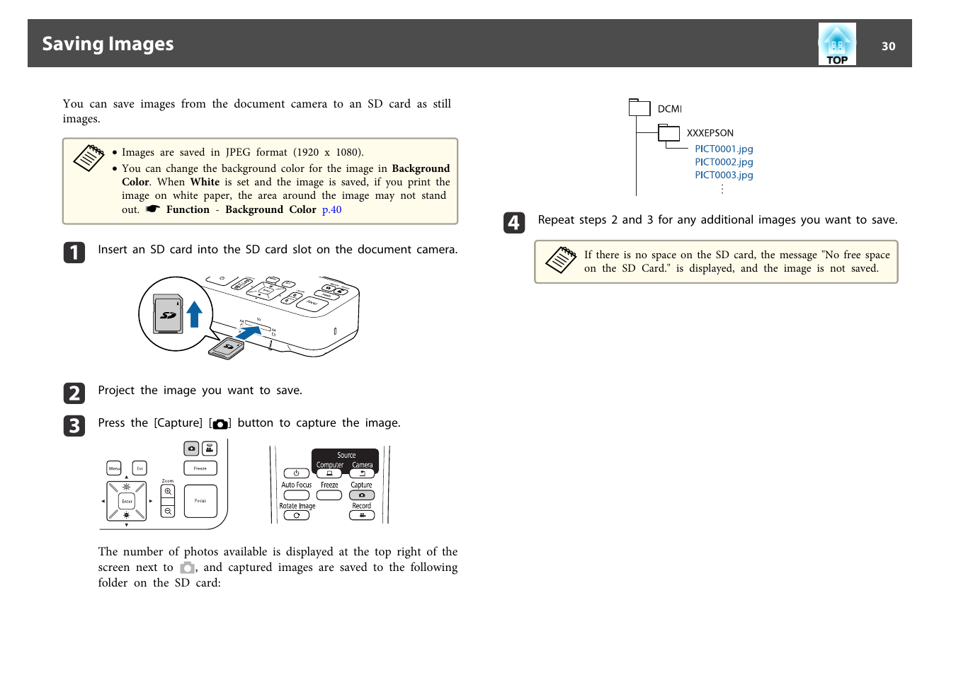 Saving images, P.30 | Epson DC-13 Document Camera User Manual | Page 30 / 62