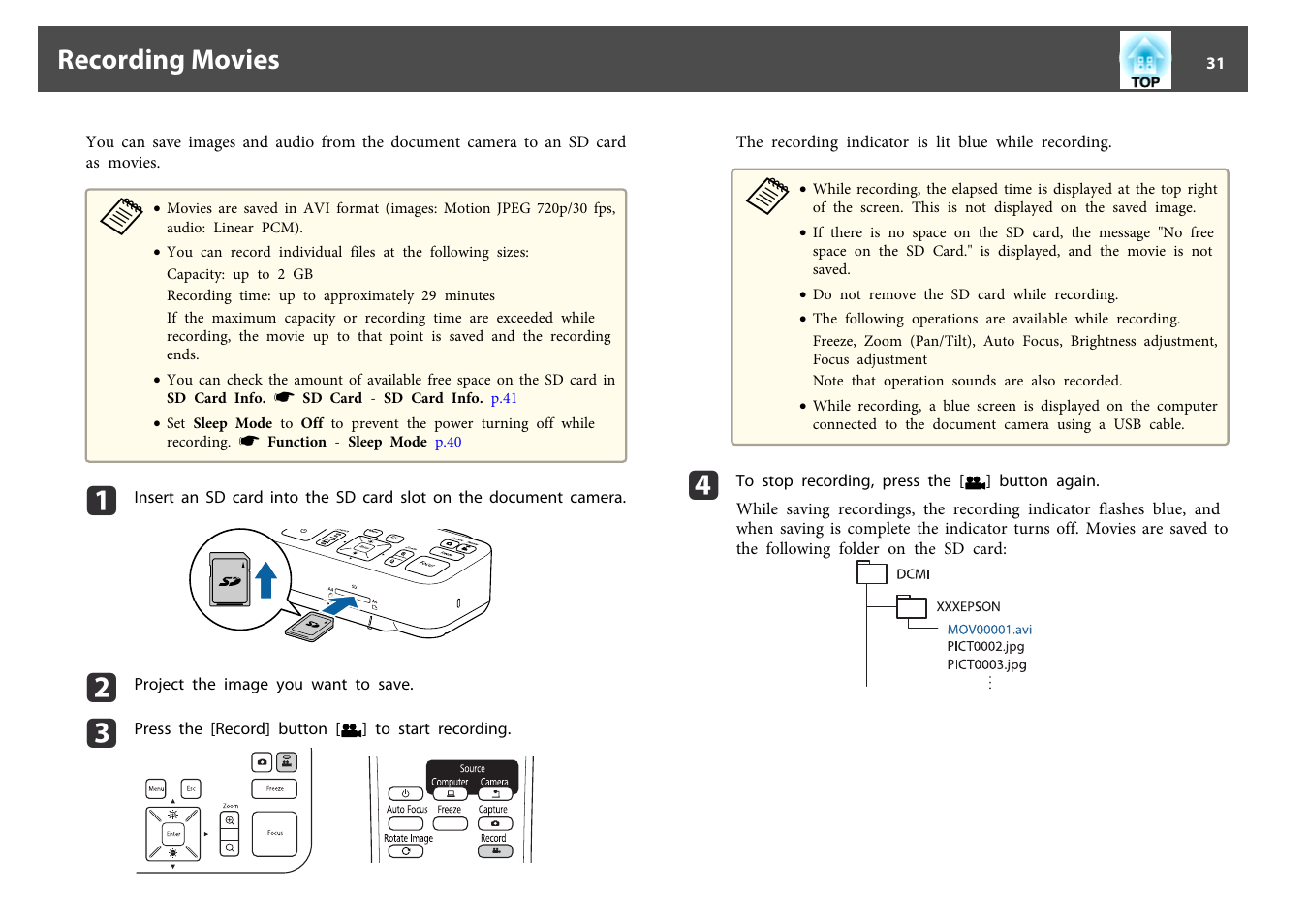 Recording movies | Epson DC-13 Document Camera User Manual | Page 31 / 62