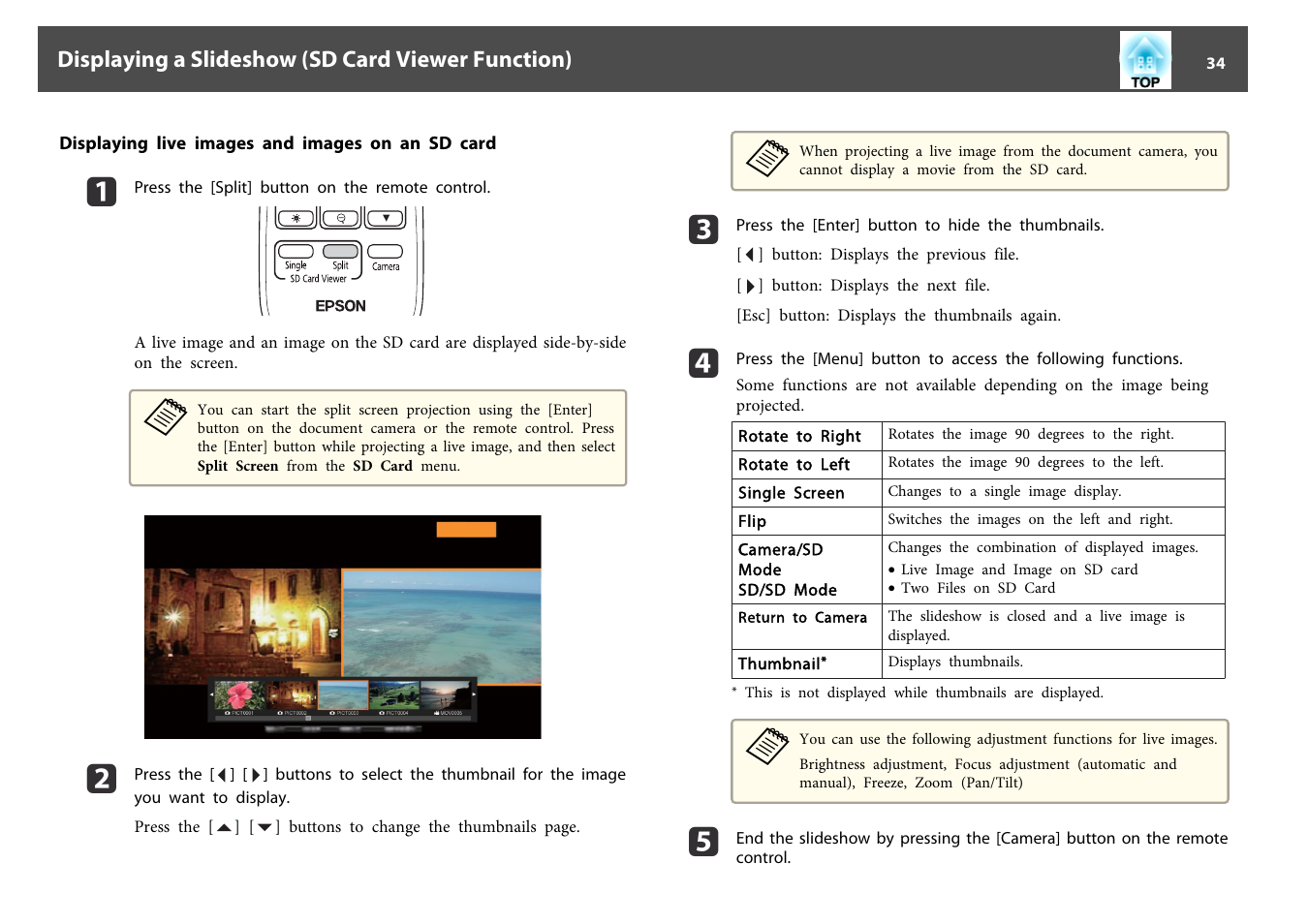 Displaying live images and images on an sd card, Displaying a slideshow (sd card viewer function) | Epson DC-13 Document Camera User Manual | Page 34 / 62