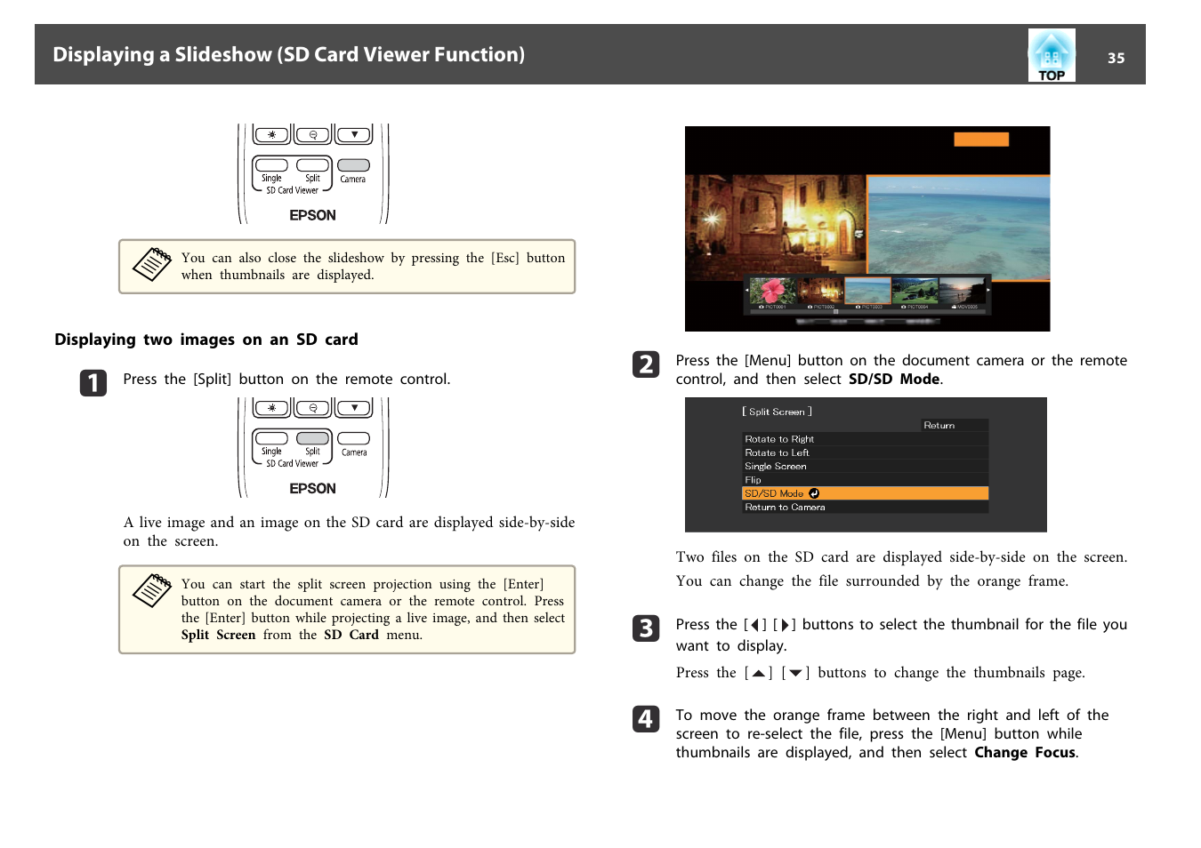 Displaying two images on an sd card | Epson DC-13 Document Camera User Manual | Page 35 / 62