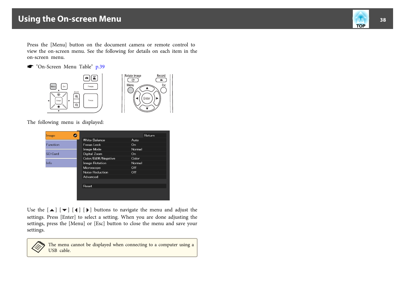 Using the on-screen menu | Epson DC-13 Document Camera User Manual | Page 38 / 62