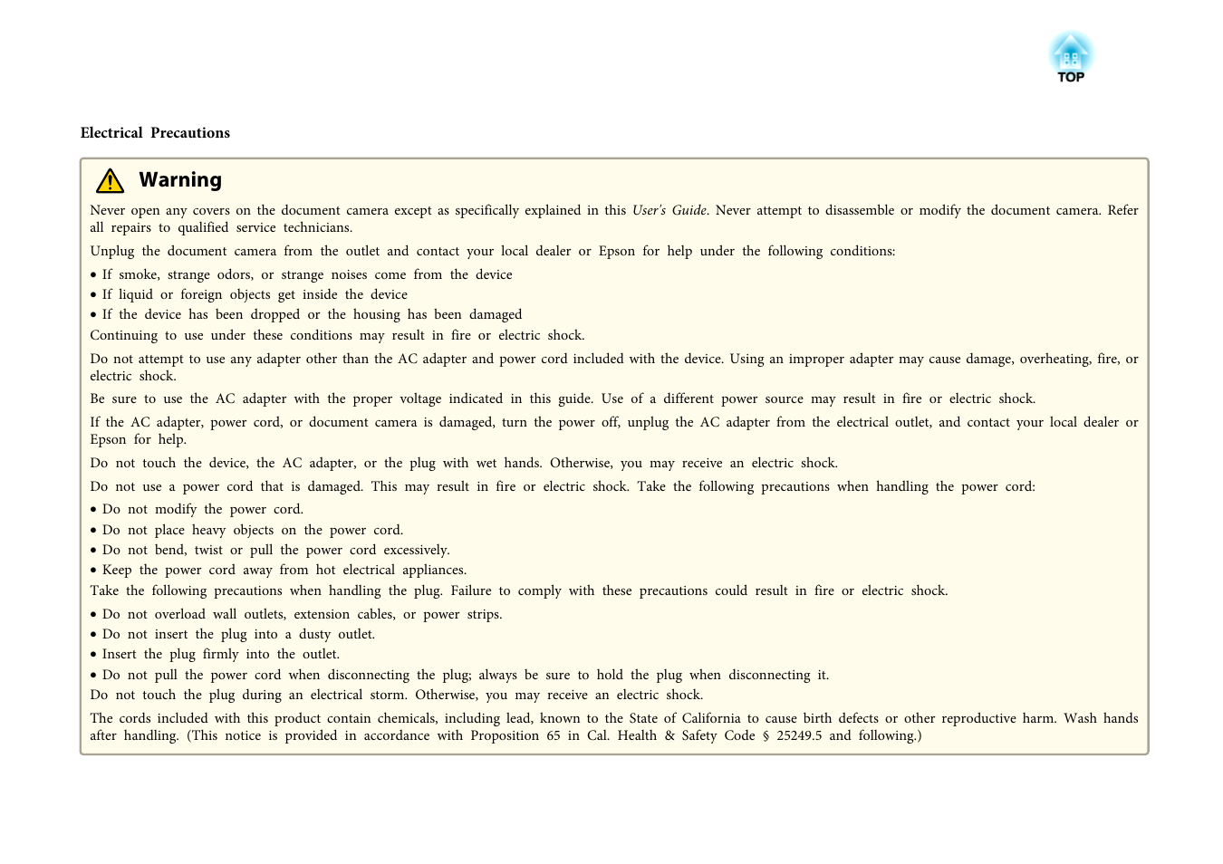 Warning | Epson DC-13 Document Camera User Manual | Page 4 / 62