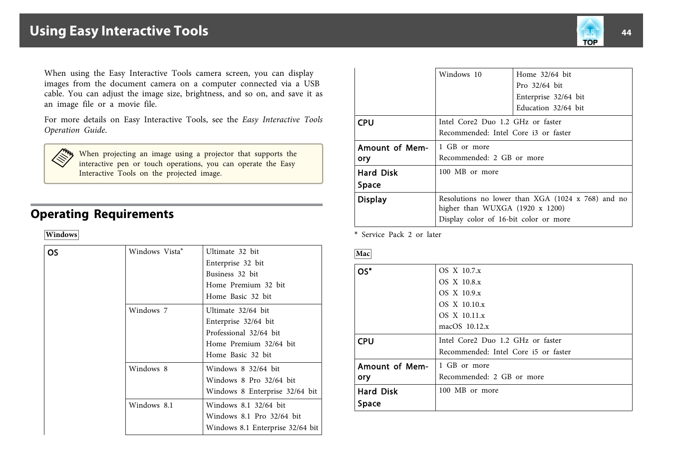 Using easy interactive tools, Operating requirements | Epson DC-13 Document Camera User Manual | Page 44 / 62