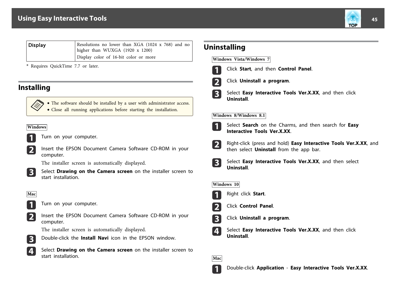 Installing, Uninstalling, Installing uninstalling | Epson DC-13 Document Camera User Manual | Page 45 / 62