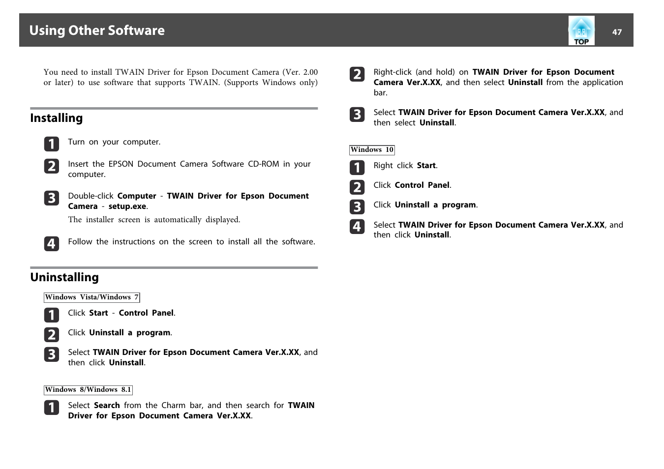 Using other software, Installing, Uninstalling | Installing uninstalling | Epson DC-13 Document Camera User Manual | Page 47 / 62