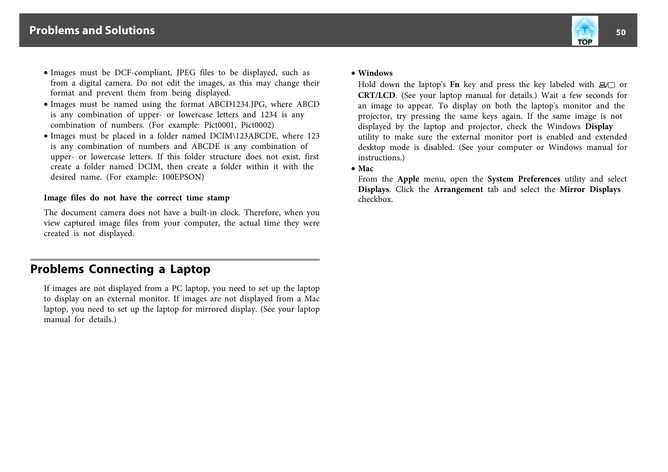 Problems connecting a laptop, P.50, Problems and solutions | Epson DC-13 Document Camera User Manual | Page 50 / 62