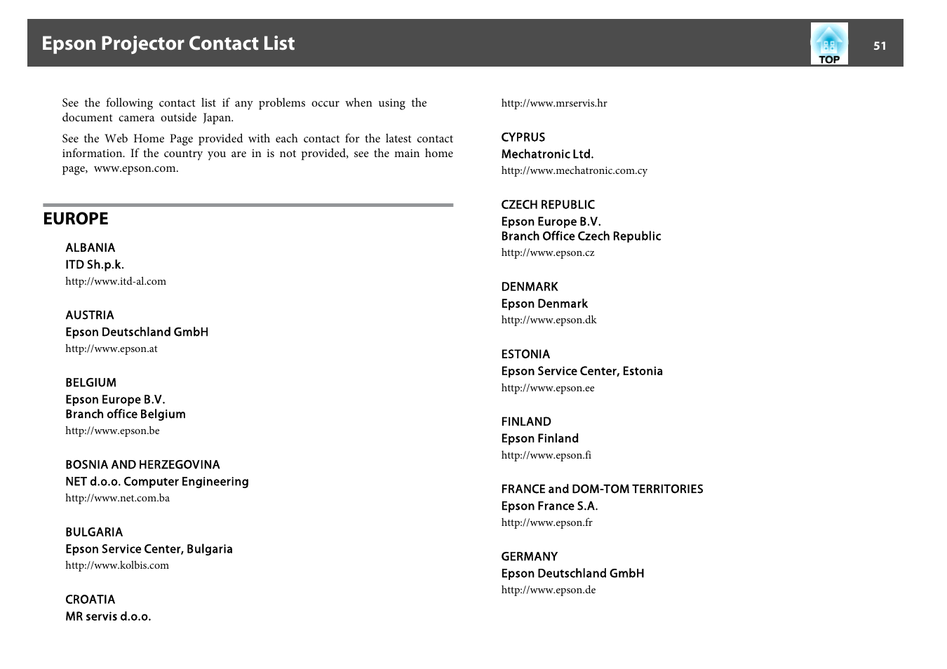 Epson projector contact list, Europe, Epson | Projector contact list, P.51 | Epson DC-13 Document Camera User Manual | Page 51 / 62