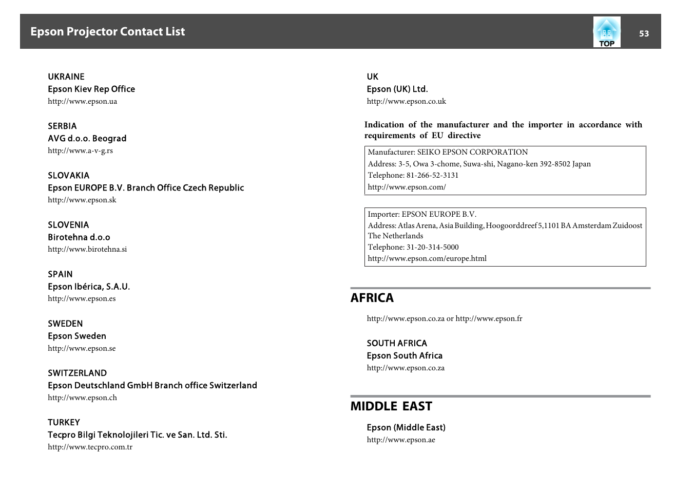 Africa, Middle east, Africa middle east | Epson projector contact list | Epson DC-13 Document Camera User Manual | Page 53 / 62