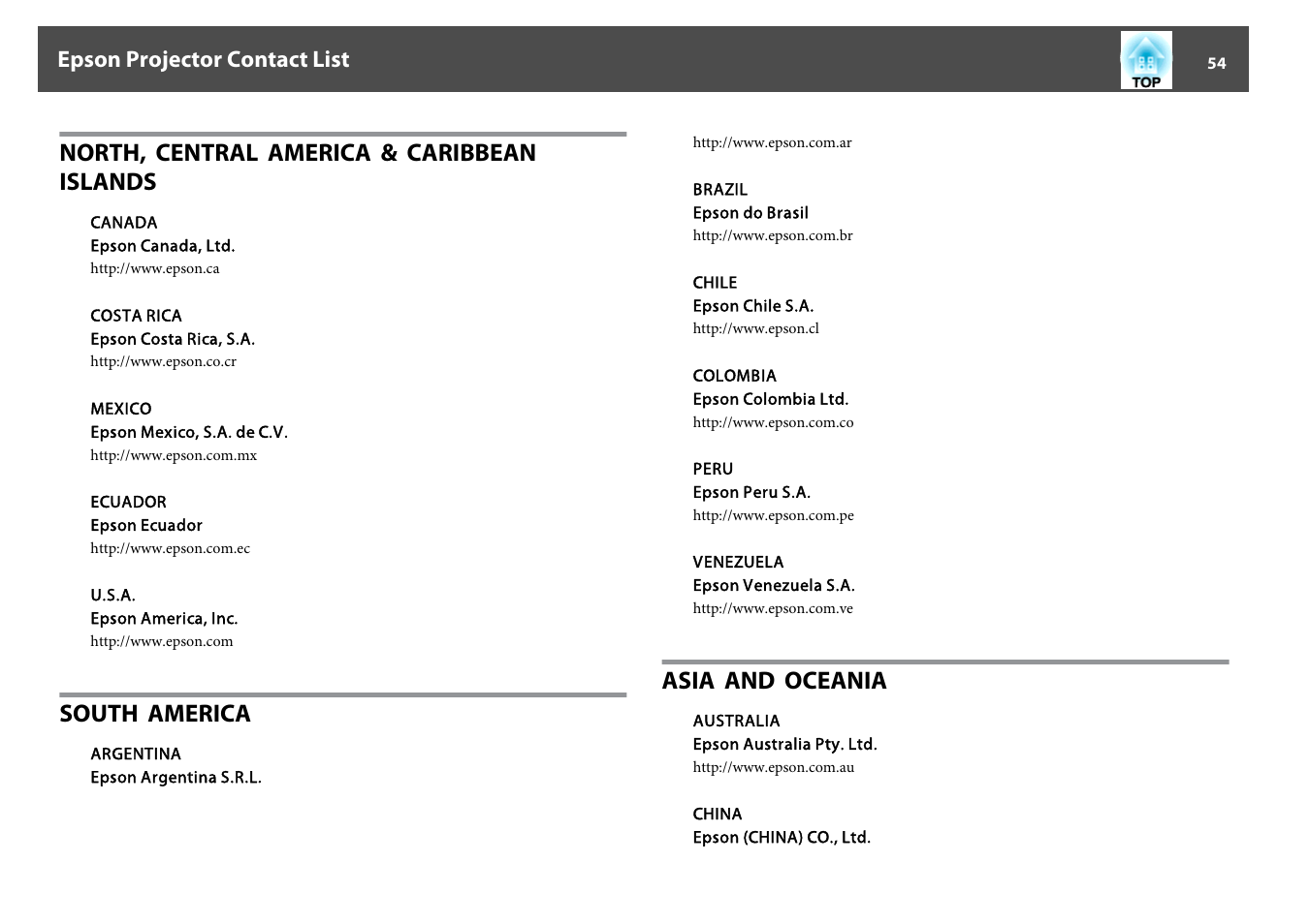 North, central america & caribbean islands, South america, Asia and oceania | Epson projector contact list | Epson DC-13 Document Camera User Manual | Page 54 / 62