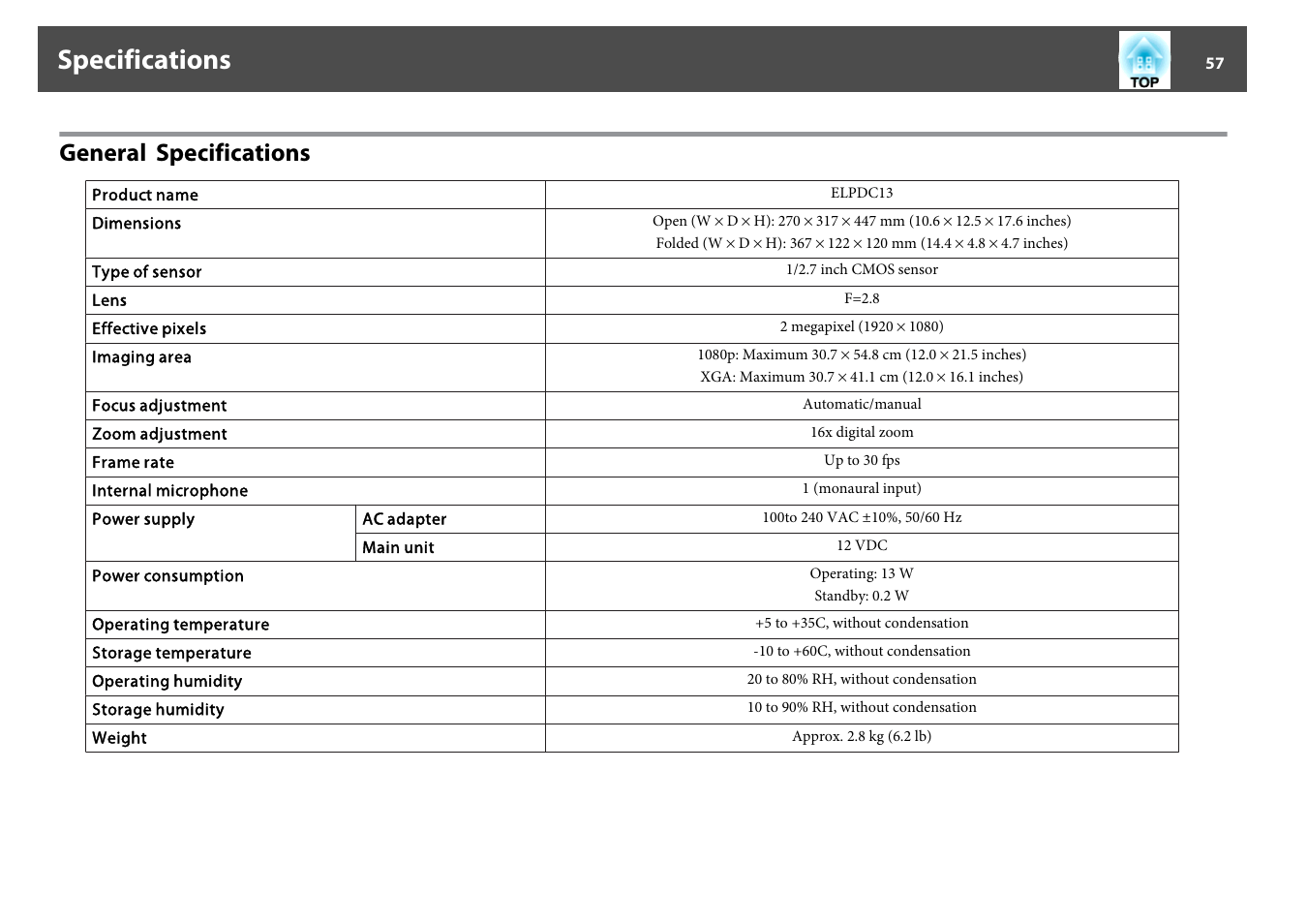 Specifications, General specifications | Epson DC-13 Document Camera User Manual | Page 57 / 62