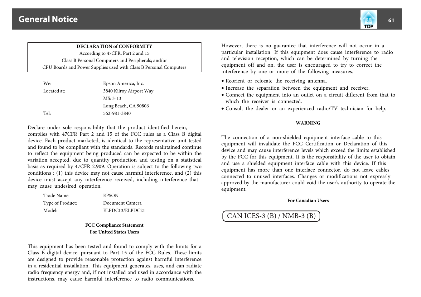 General notice | Epson DC-13 Document Camera User Manual | Page 61 / 62