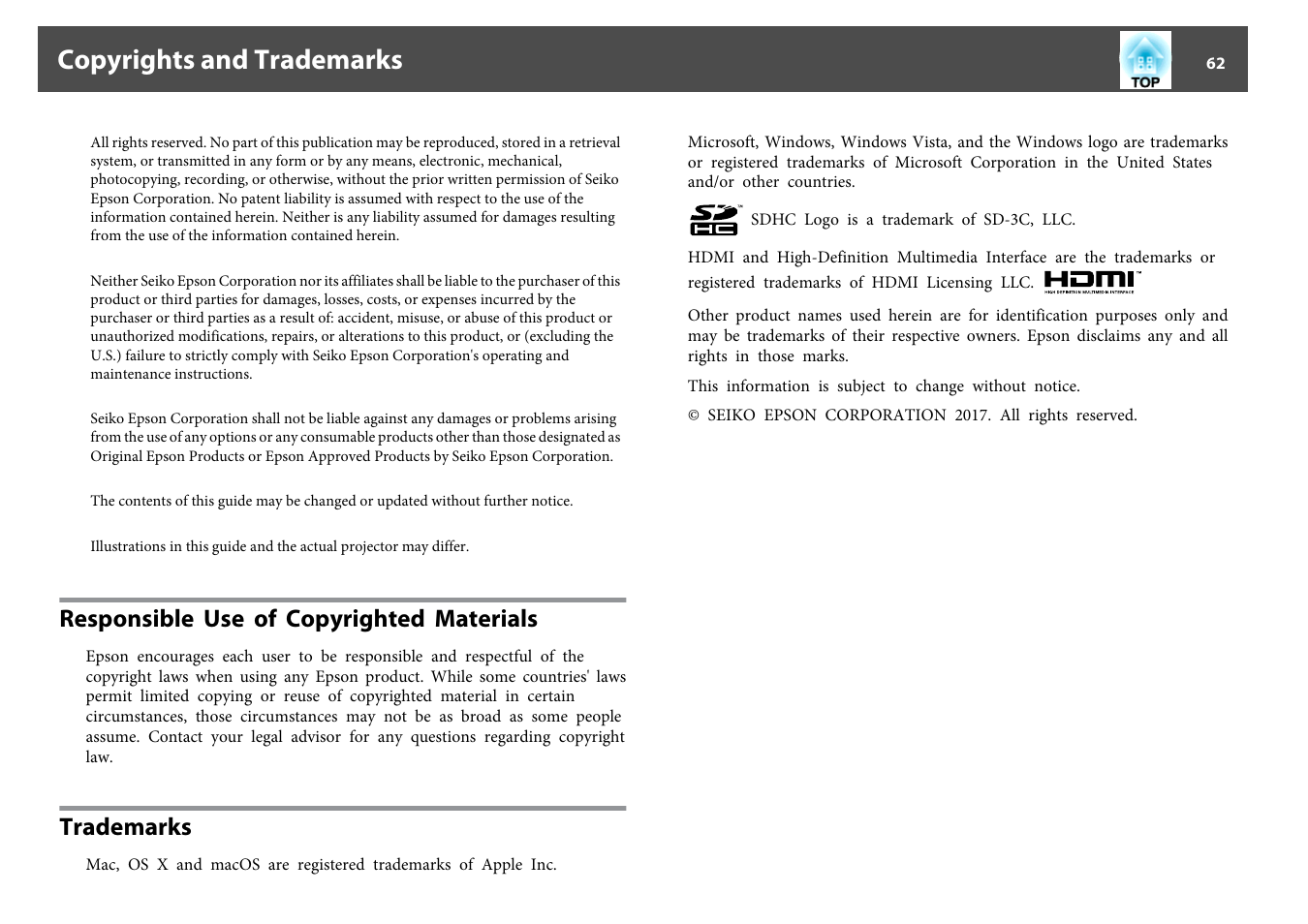 Copyrights and trademarks, Responsible use of copyrighted materials, Trademarks | Epson DC-13 Document Camera User Manual | Page 62 / 62