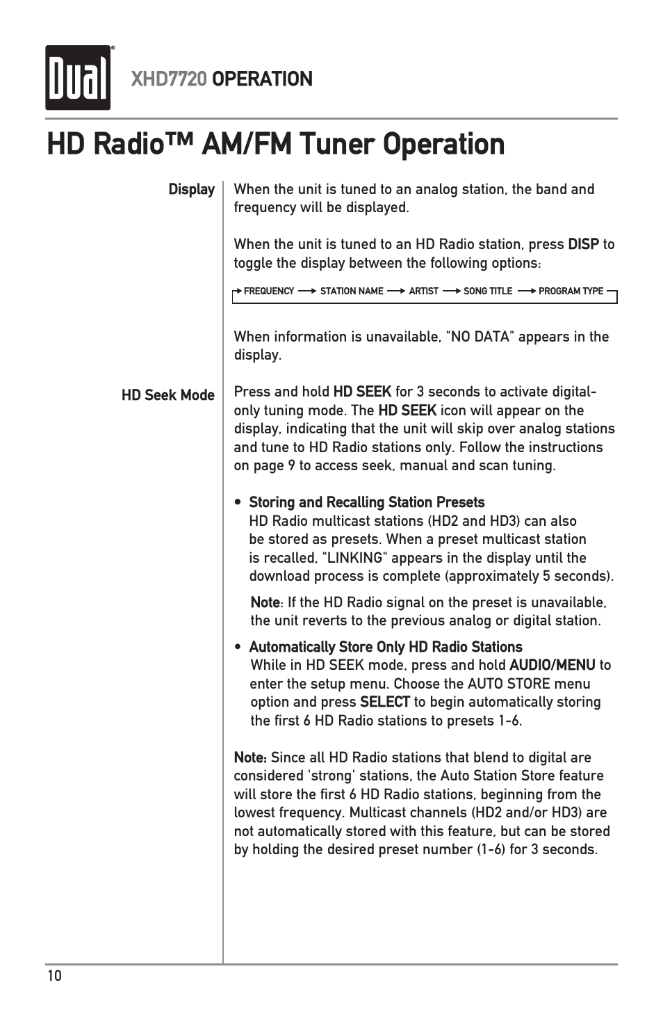 Hd radio™ am/fm tuner operation, Xhd7720 operation | Dual XHD7720 User Manual | Page 10 / 32