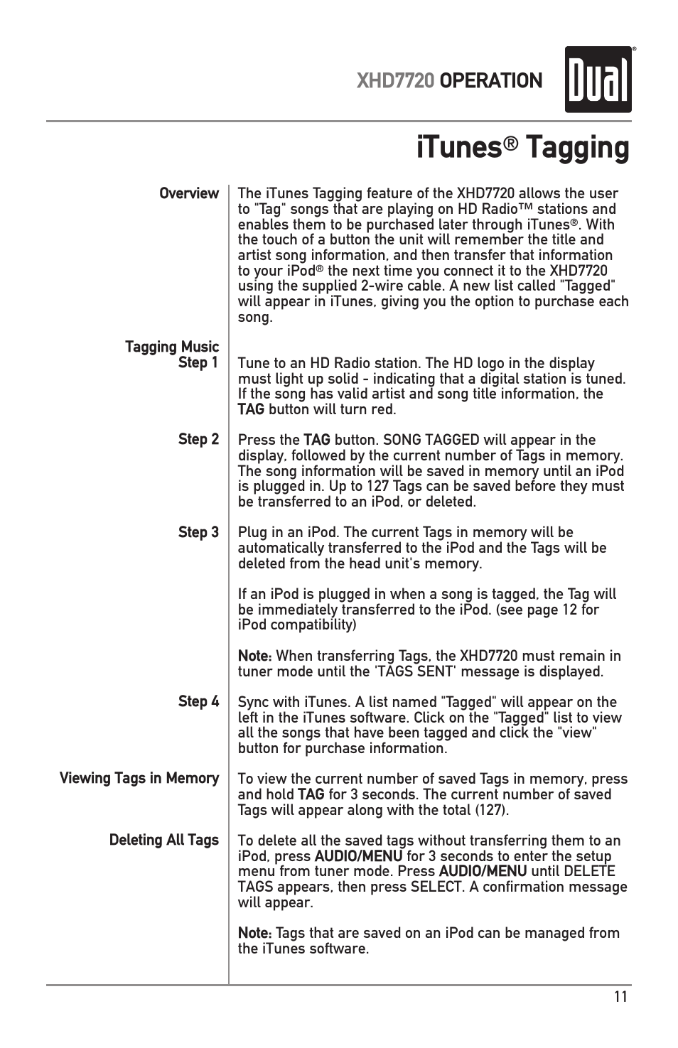 Itunes, Tagging, Xhd7720 operation | Dual XHD7720 User Manual | Page 11 / 32
