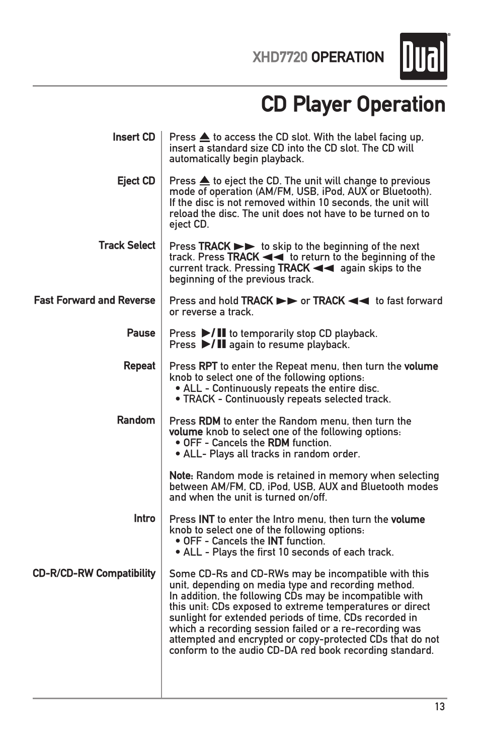 Cd player operation, Xhd7720 operation | Dual XHD7720 User Manual | Page 13 / 32