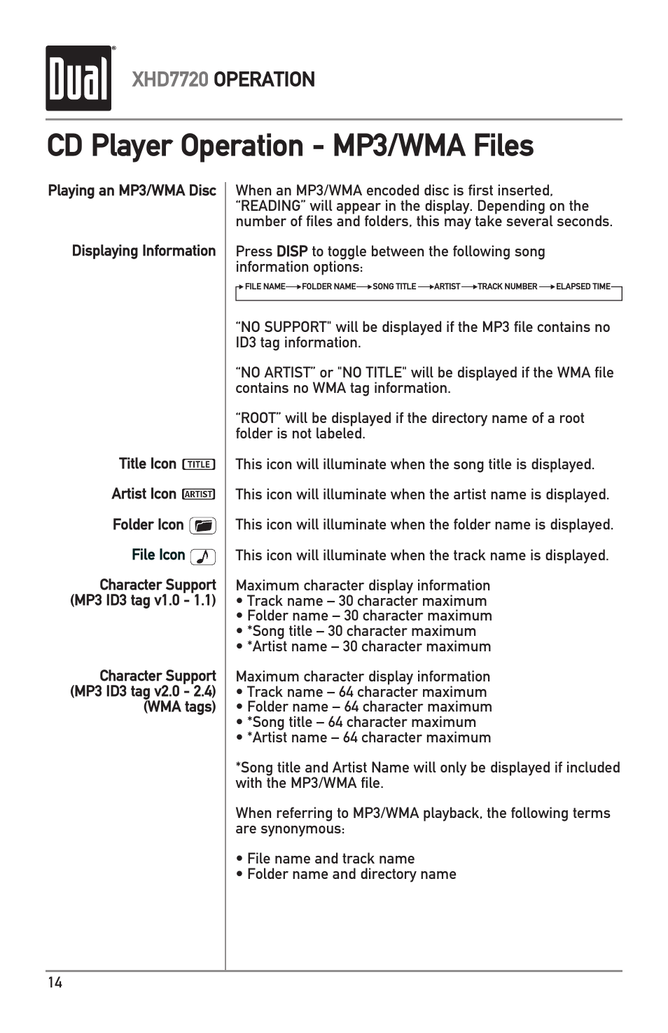 Cd player operation - mp3/wma files, Xhd7720 operation | Dual XHD7720 User Manual | Page 14 / 32