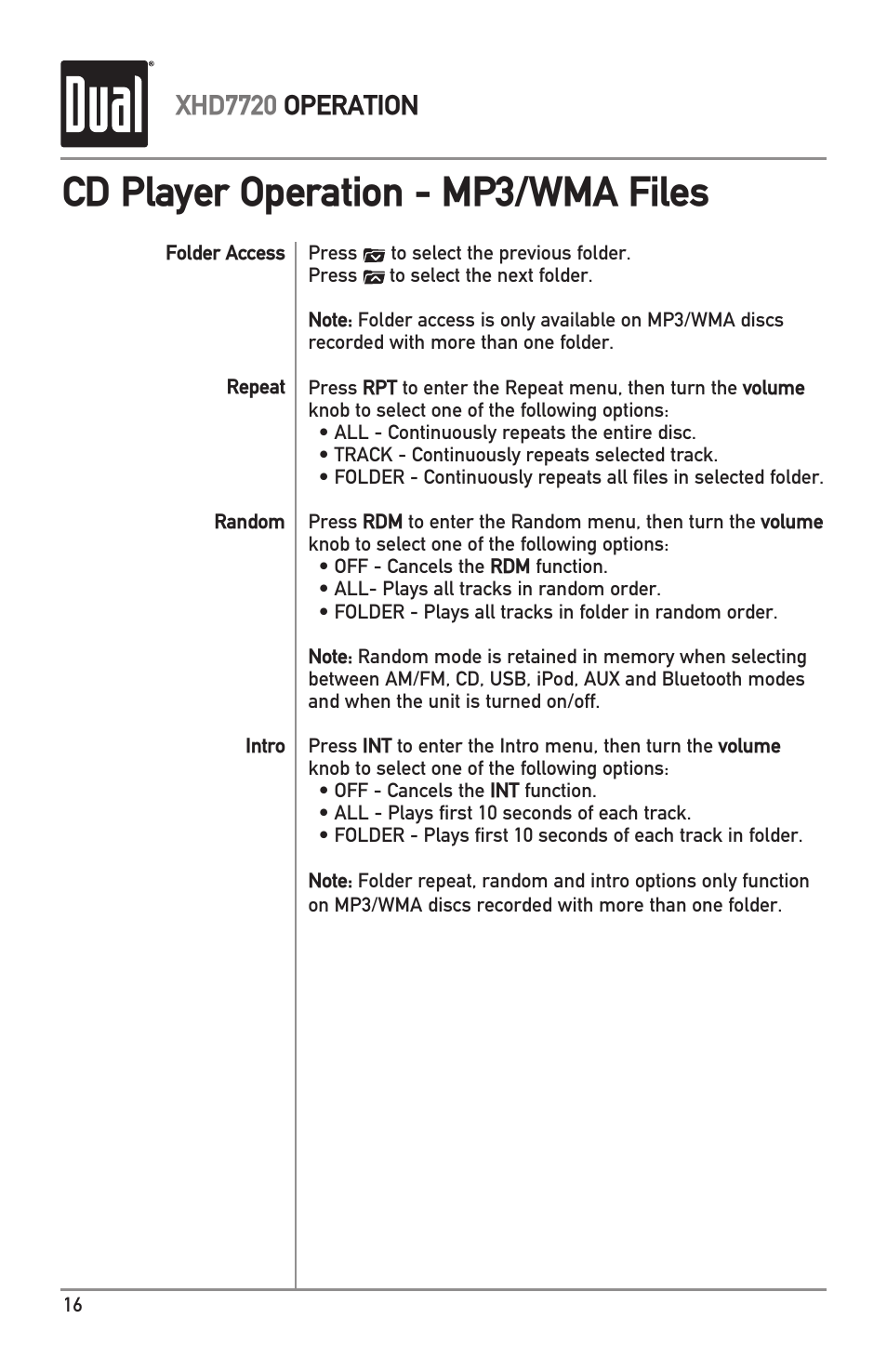 Cd player operation - mp3/wma files, Xhd7720 operation | Dual XHD7720 User Manual | Page 16 / 32