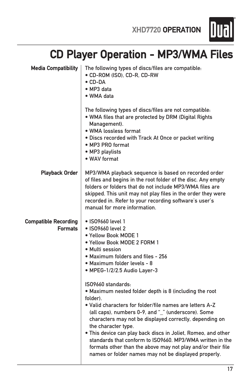 Cd player operation - mp3/wma files, Xhd7720 operation | Dual XHD7720 User Manual | Page 17 / 32