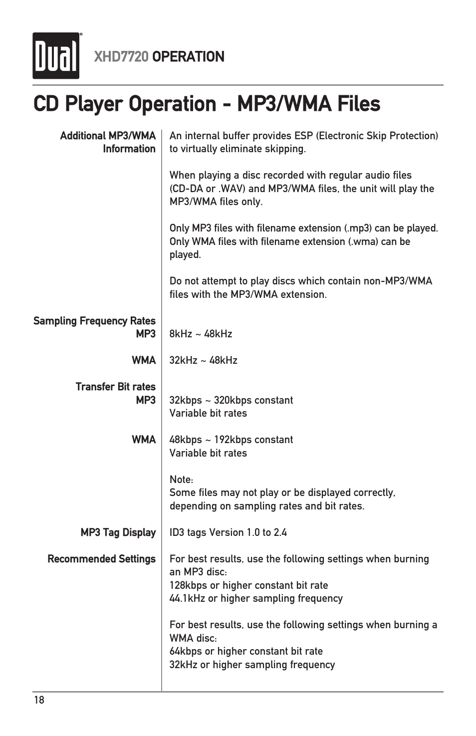 Cd player operation - mp3/wma files, Xhd7720 operation | Dual XHD7720 User Manual | Page 18 / 32