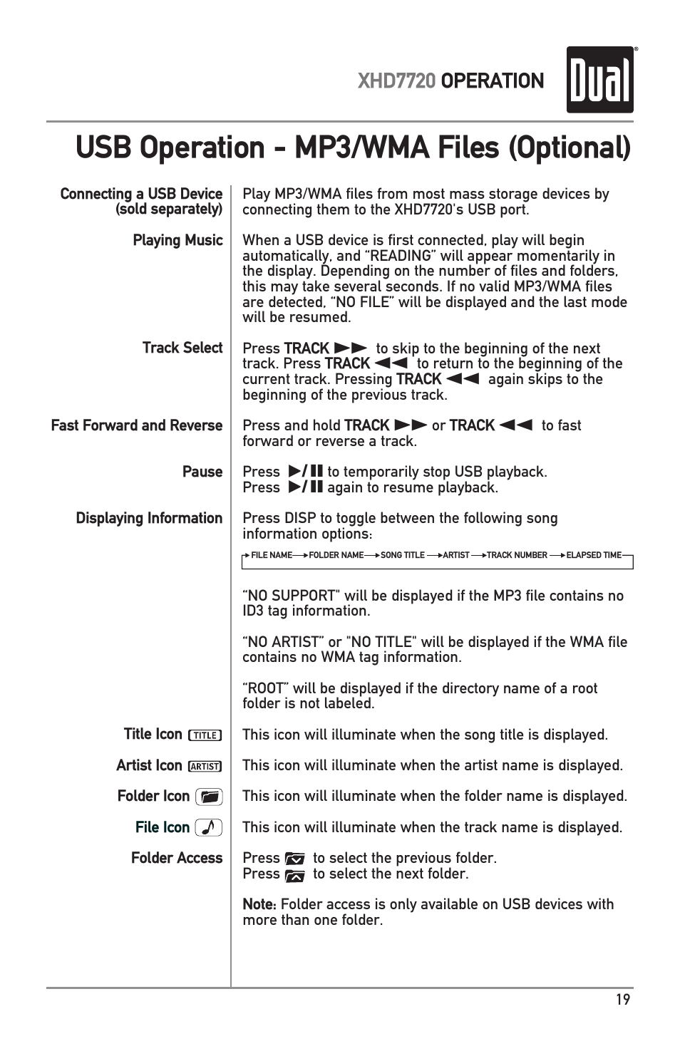 Usb operation - mp3/wma files (optional), Xhd7720 operation | Dual XHD7720 User Manual | Page 19 / 32