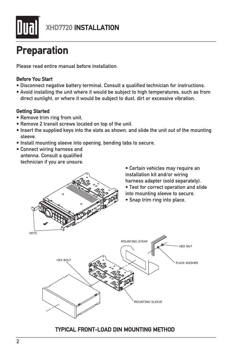 Preparation, Xhd7720 installation | Dual XHD7720 User Manual | Page 2 / 32