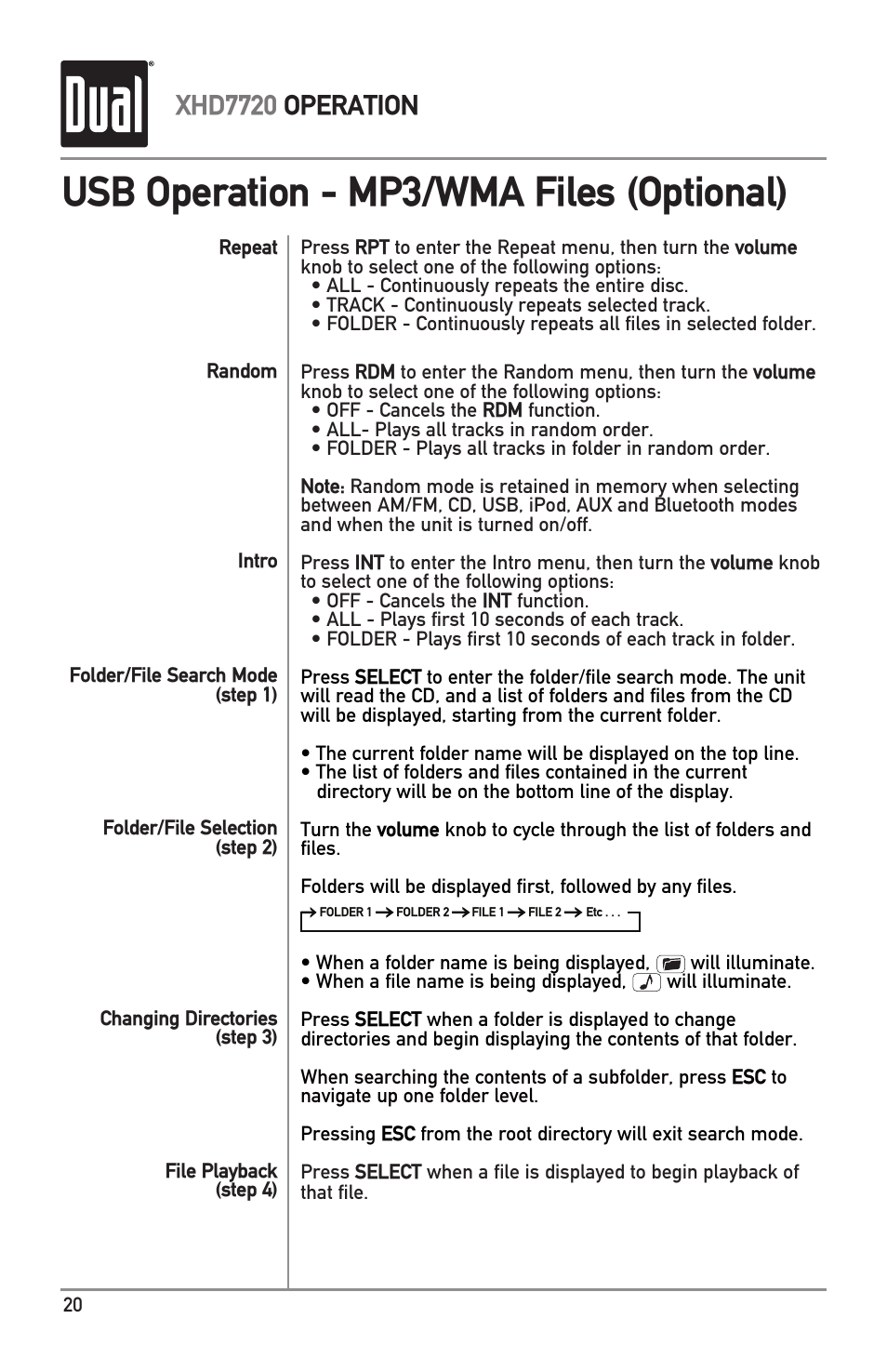 Usb operation - mp3/wma files (optional), Xhd7720 operation | Dual XHD7720 User Manual | Page 20 / 32