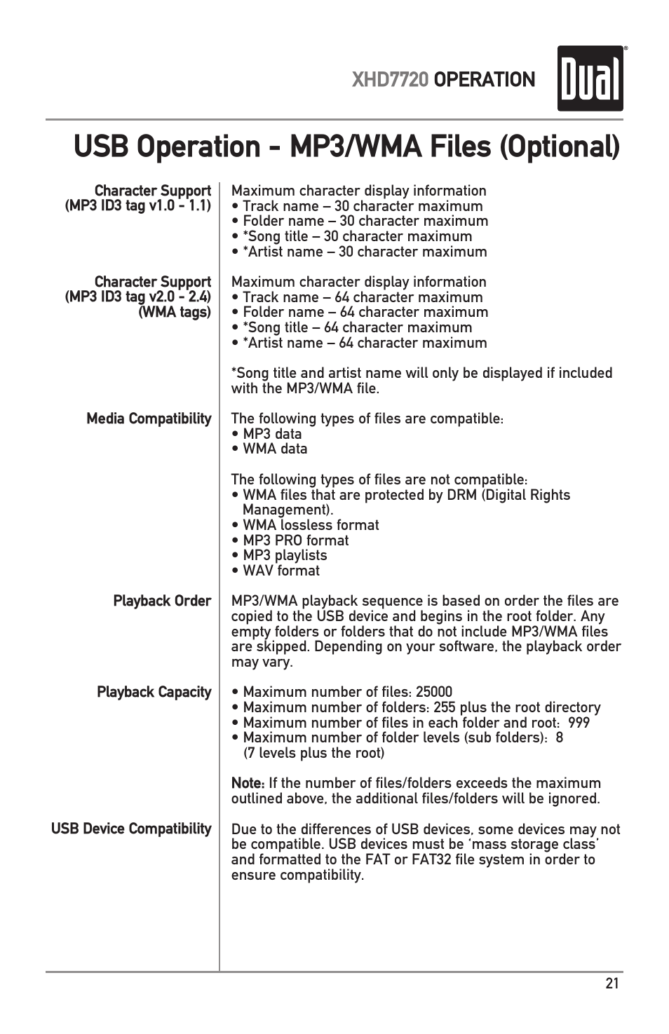 Usb operation - mp3/wma files (optional), Xhd7720 operation | Dual XHD7720 User Manual | Page 21 / 32