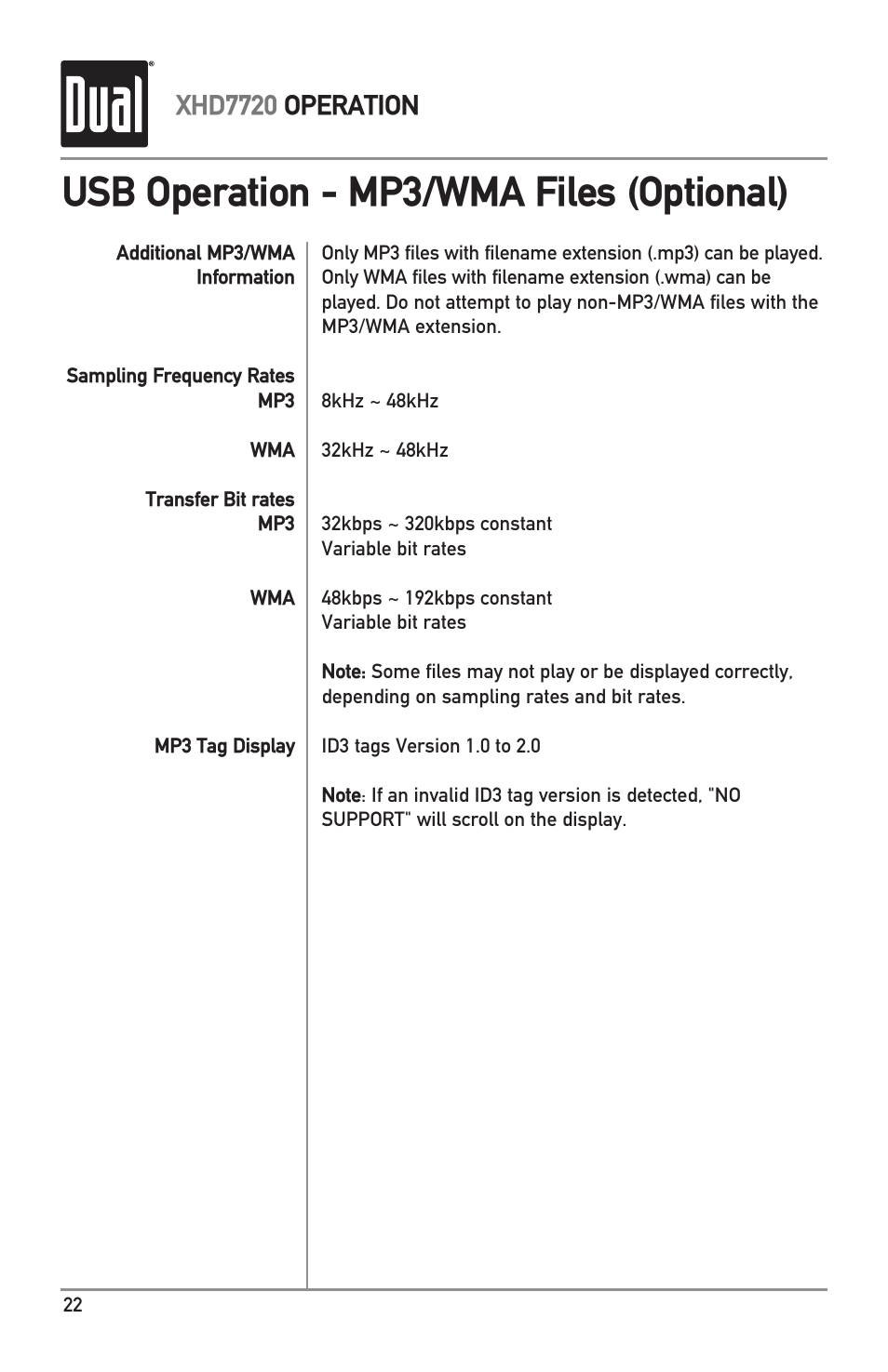 Usb operation - mp3/wma files (optional), Xhd7720 operation | Dual XHD7720 User Manual | Page 22 / 32