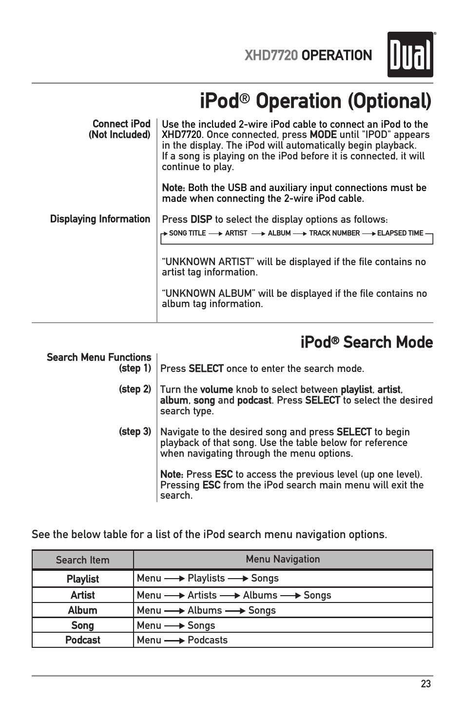 Ipod, Operation (optional), Search mode | Xhd7720 operation | Dual XHD7720 User Manual | Page 23 / 32