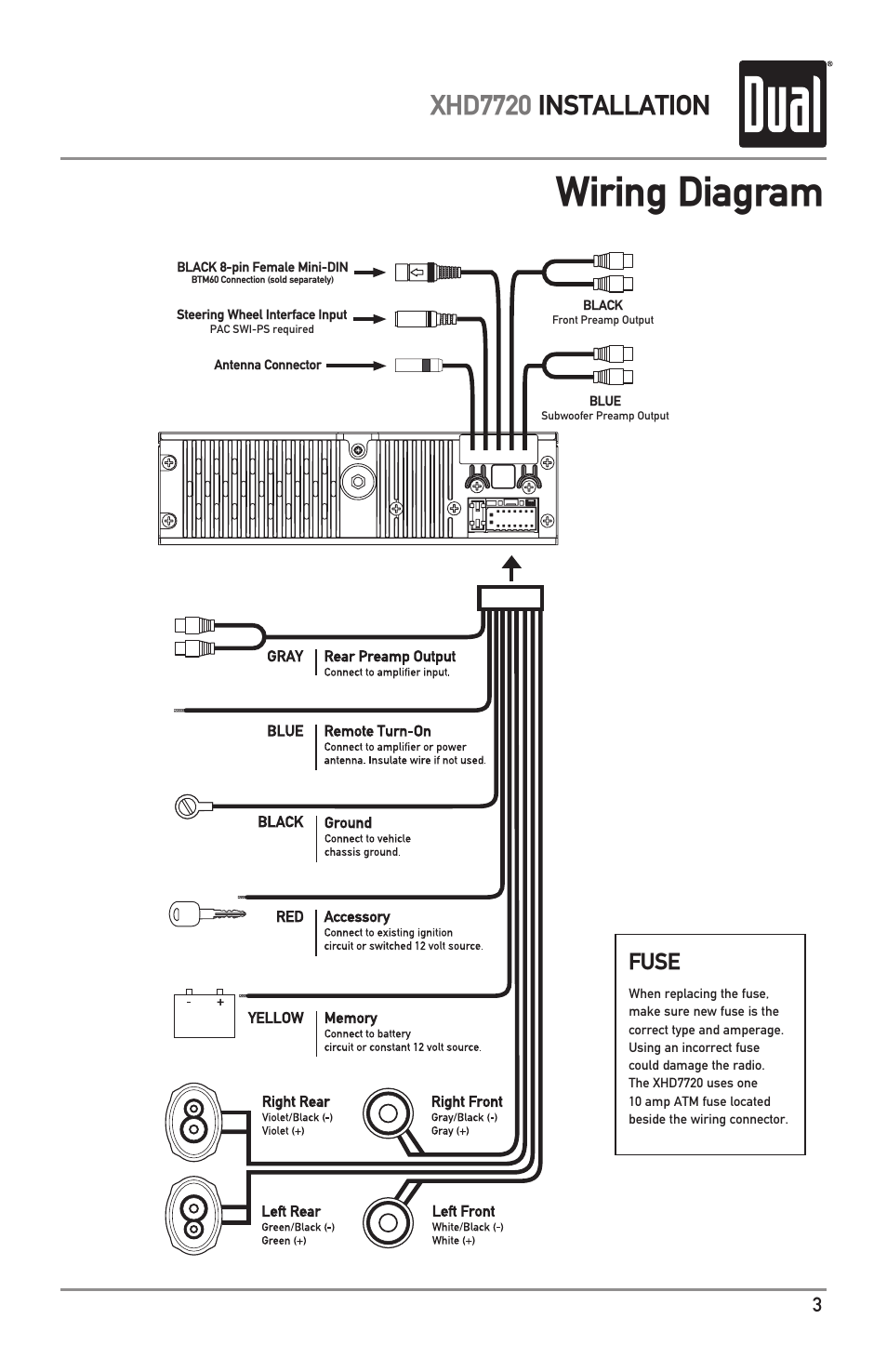 Wiring diagram, Xhd7720 installation, Fuse | Dual XHD7720 User Manual | Page 3 / 32