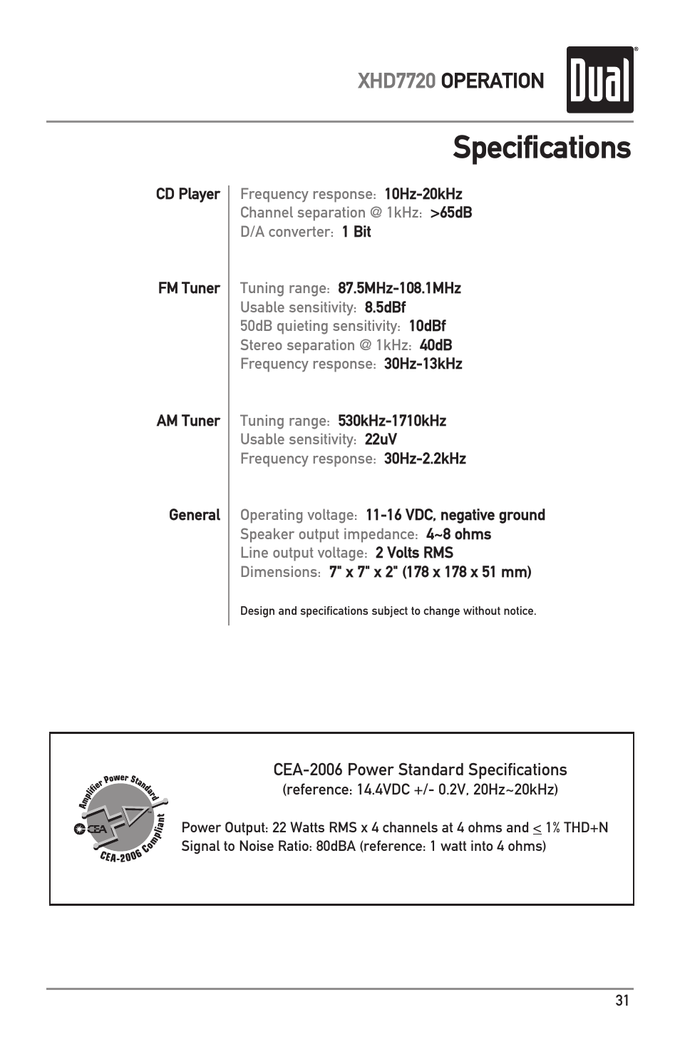 Specifications, Xhd7720 operation | Dual XHD7720 User Manual | Page 31 / 32