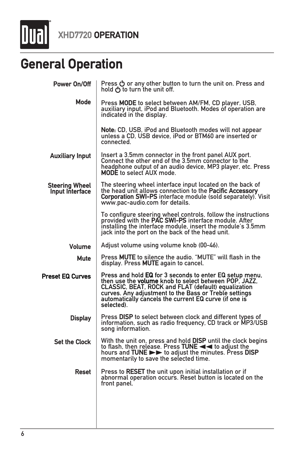 General operation, Xhd7720 operation | Dual XHD7720 User Manual | Page 6 / 32