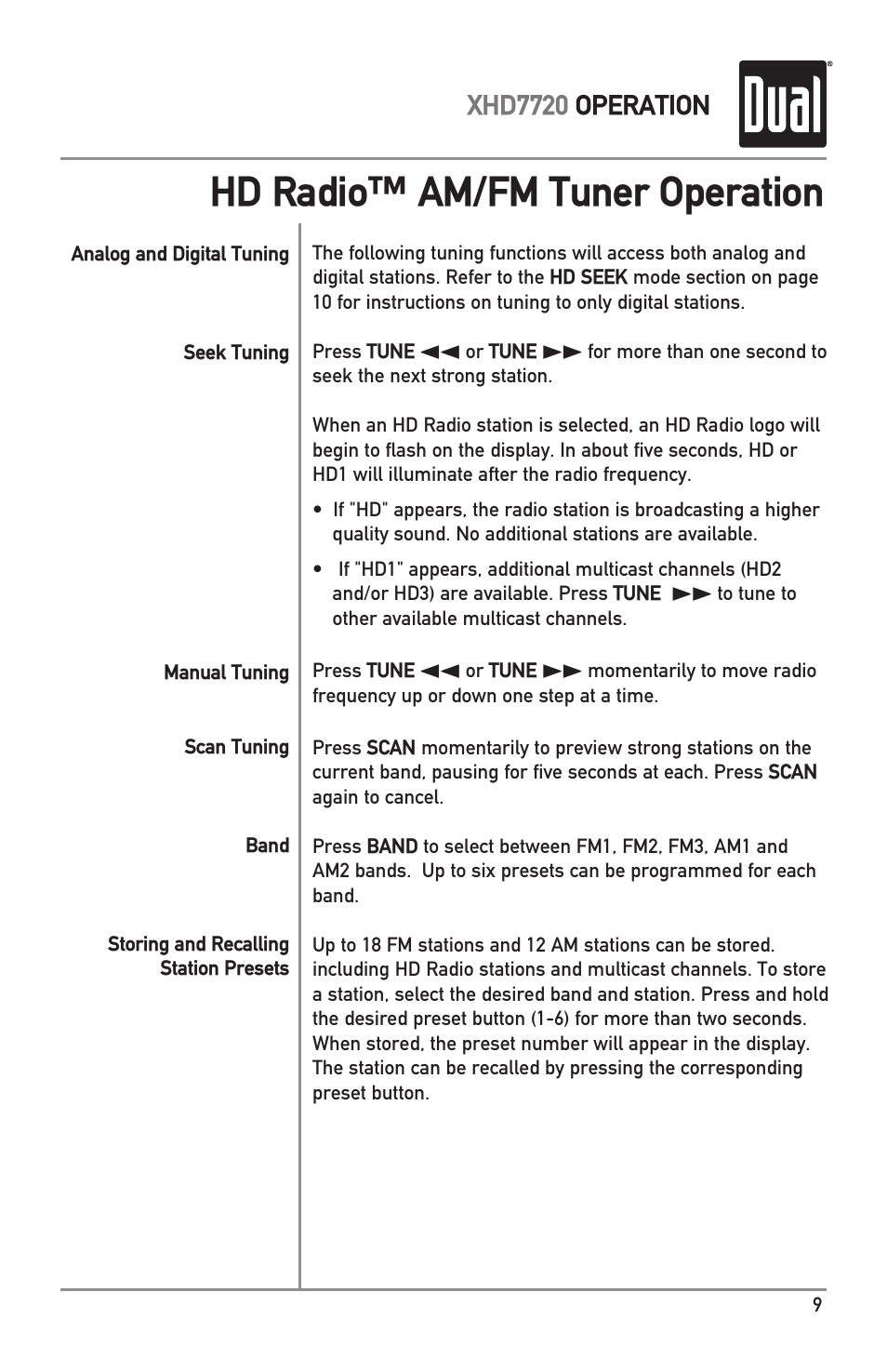 Hd radio™ am/fm tuner operation | Dual XHD7720 User Manual | Page 9 / 32