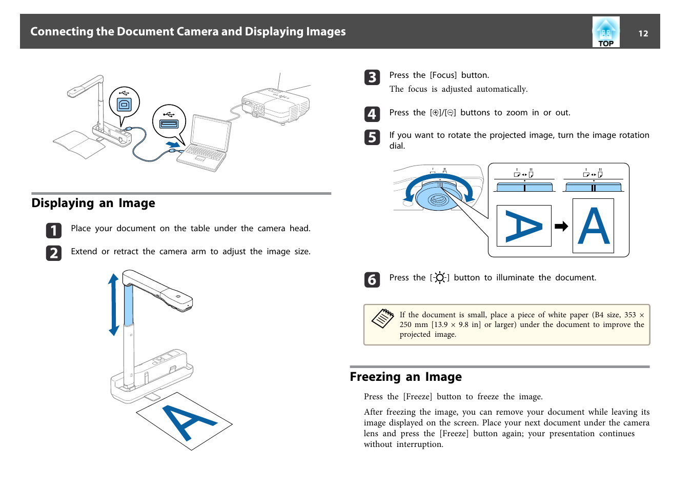 Displaying an image, Freezing an image, Displaying an image freezing an image | Epson DC-07 Document Camera User Manual | Page 12 / 32