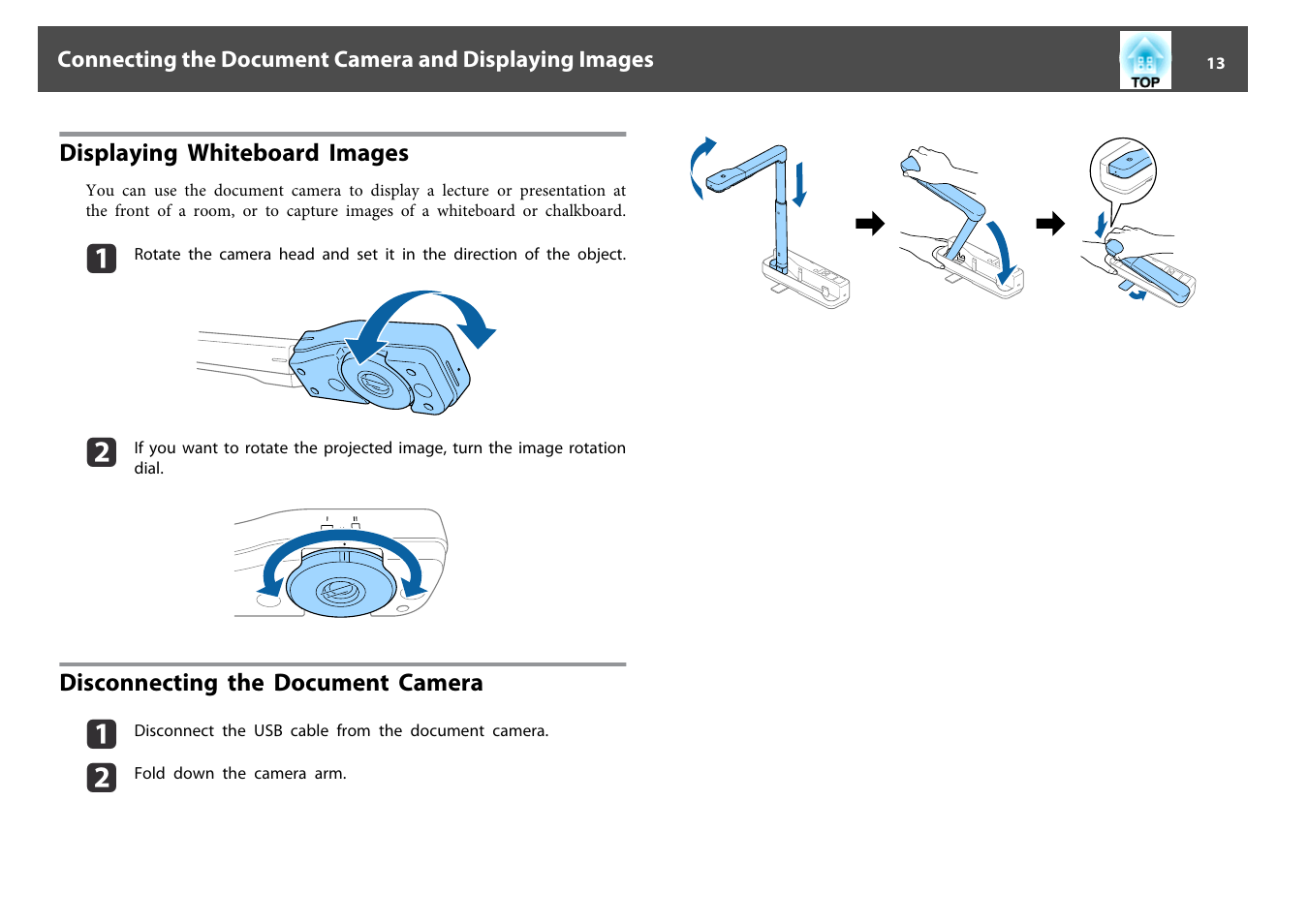 Displaying whiteboard images, Disconnecting the document camera | Epson DC-07 Document Camera User Manual | Page 13 / 32