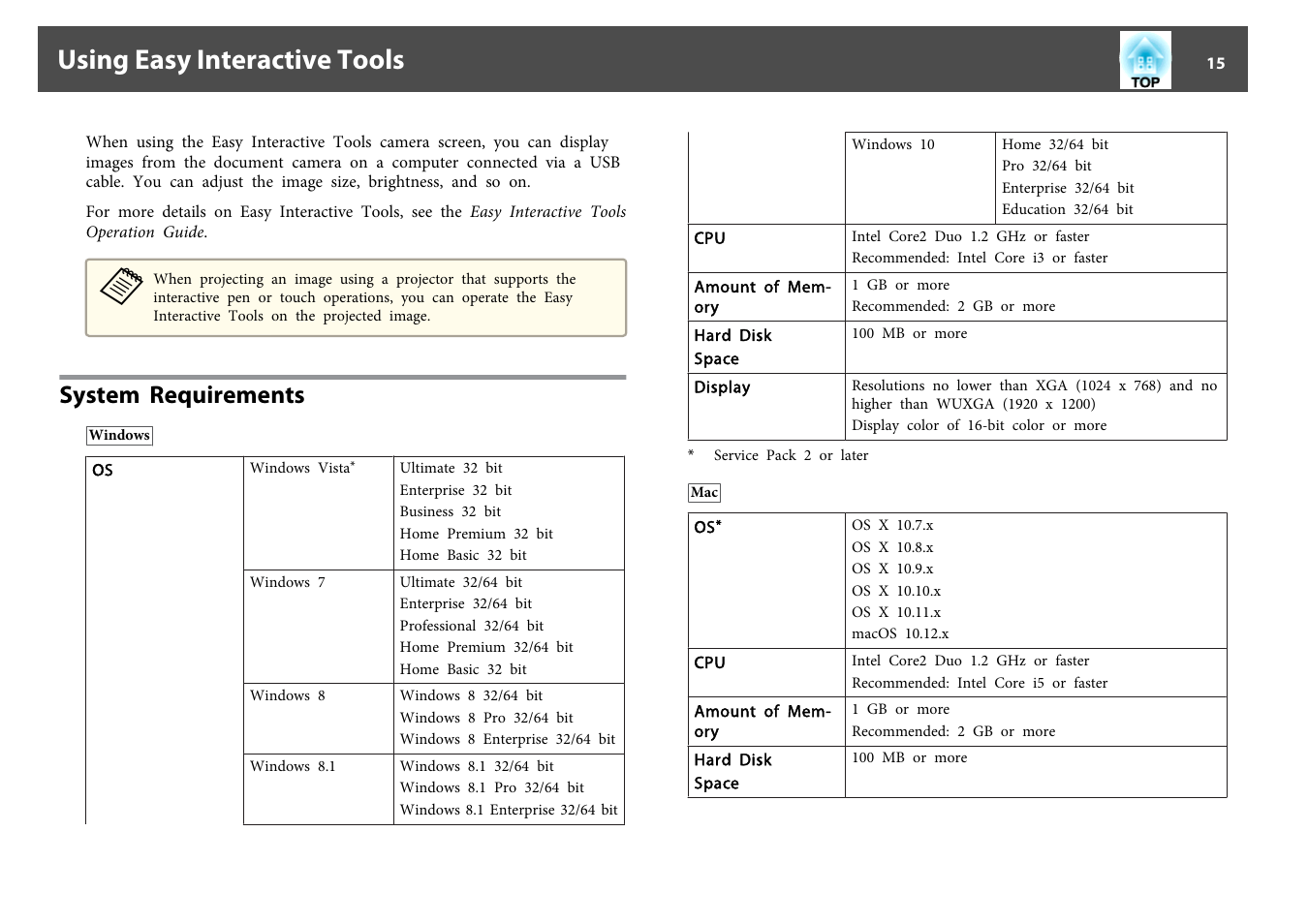 Using easy interactive tools, System requirements | Epson DC-07 Document Camera User Manual | Page 15 / 32